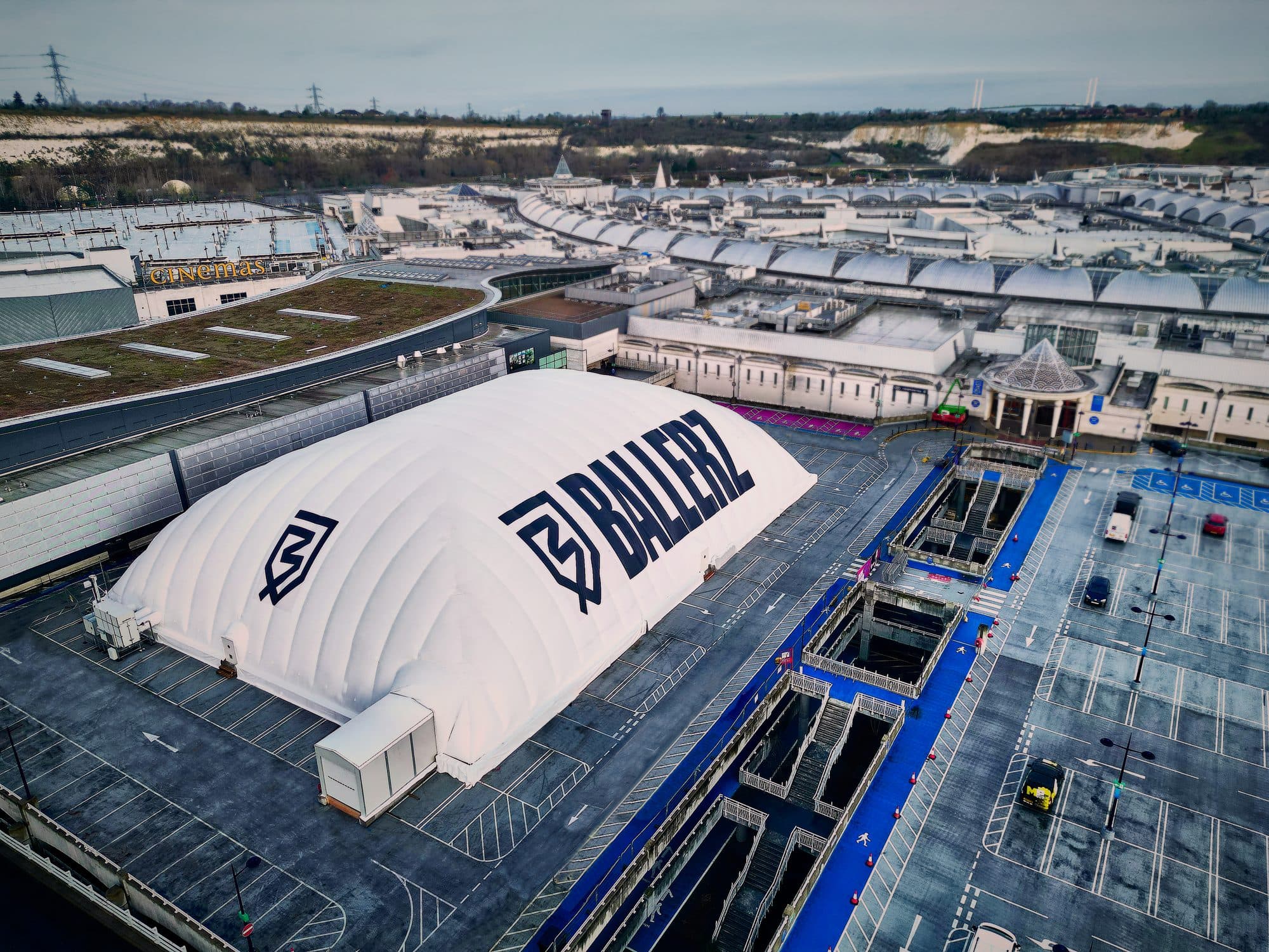The indoor football dome set up as a film and TV location